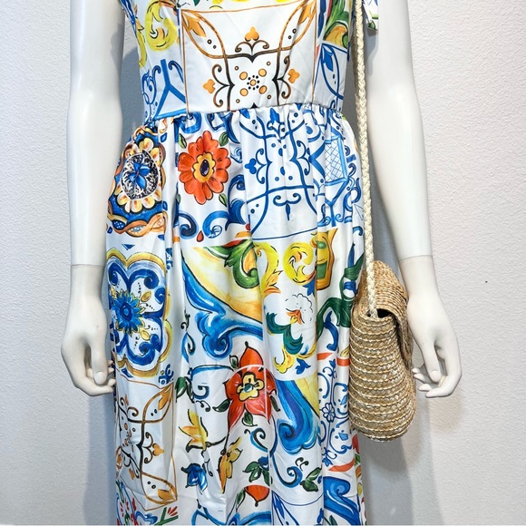 DOLCE Italian Majolica Tie Strap Maxi Sundress Painted Tile Print • Style of D&G - Picture 12 of 15